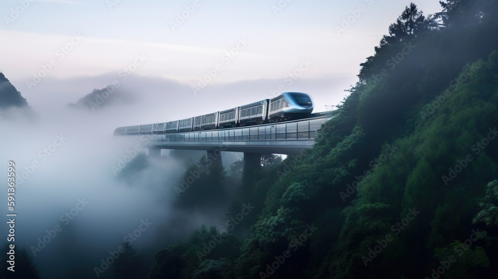 Speed passenger train moving in the mist mountains covered with forest. Generative AI