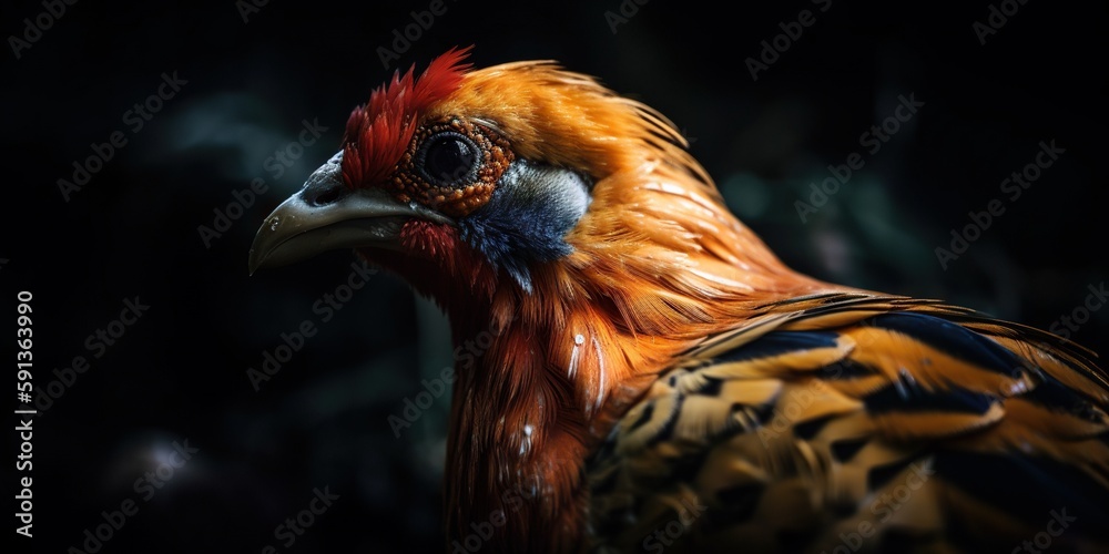 Golden pheasant close up with forest background. Generative AI