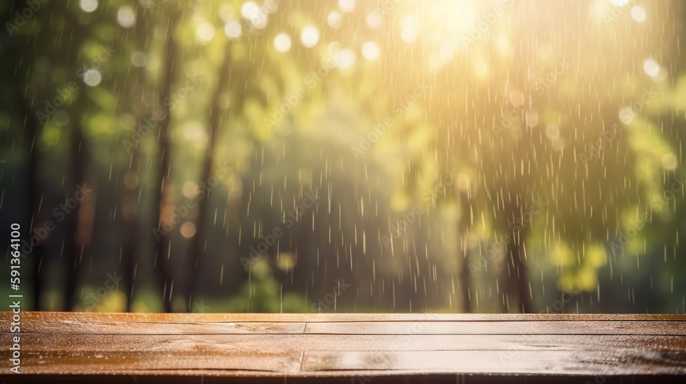 Wood table mockup with summer rain over green landscape. Empty copy space for product presentation. 