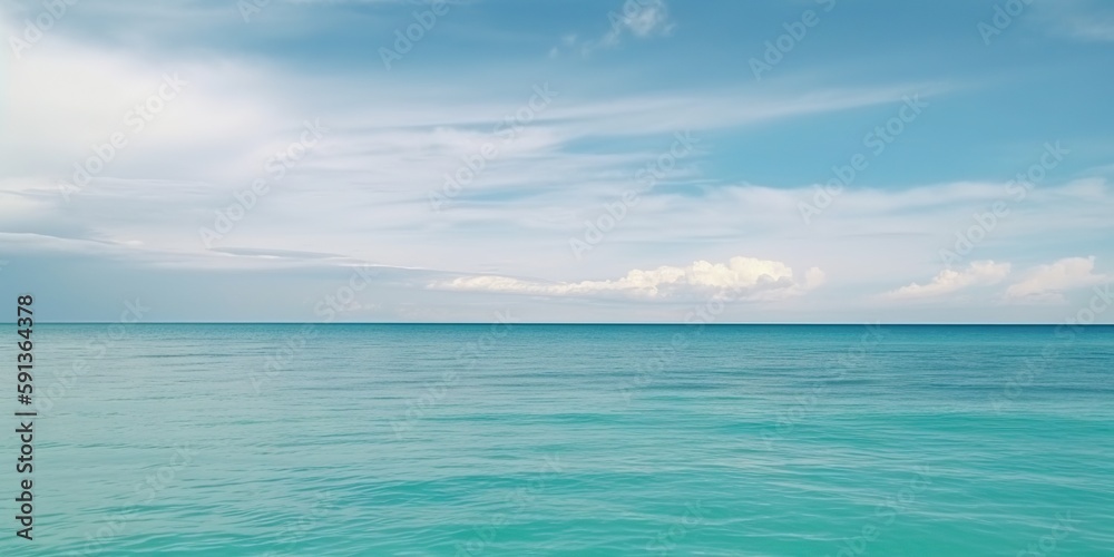 Panorama landscape of empty tropical turquoise sea and sky blue background. Generative AI