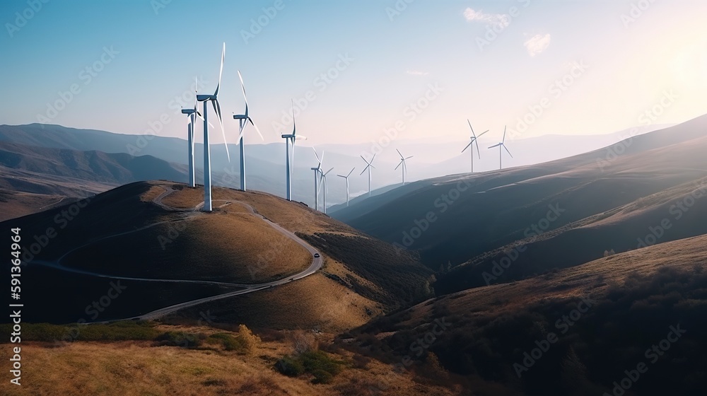 Power generating Windmills in Mountains. Green energy. Generative AI