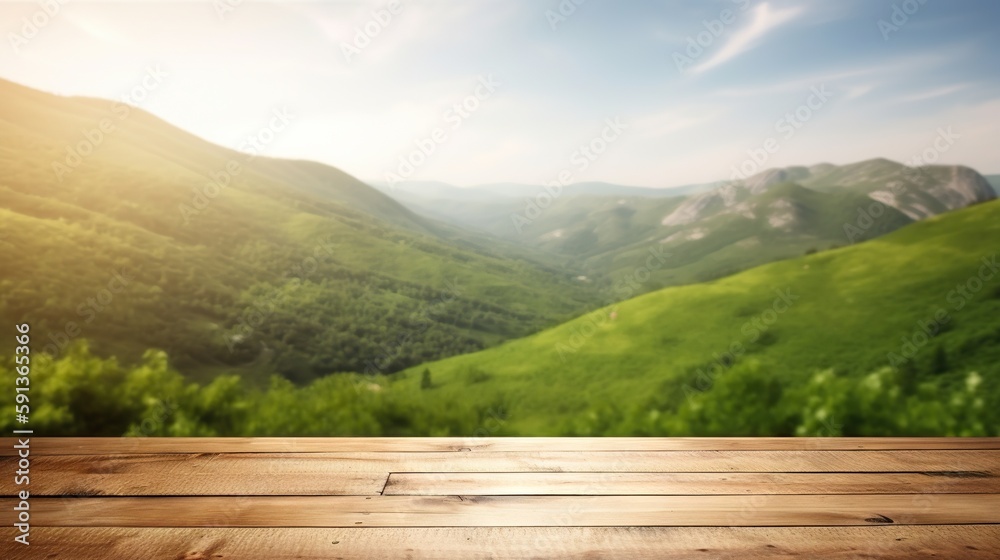 Wood table mockup with vibrant green hills on background. Empty copy space for product presentation.