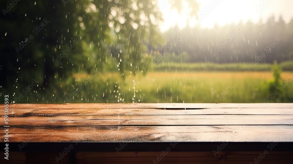 Wood table mockup with summer rain over green landscape. Empty copy space for product presentation. 