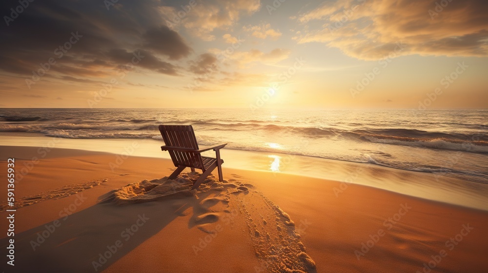 Beach chair and umbrella on beautiful beach. Sunset over ocean. Travel paradise concept. Generative 