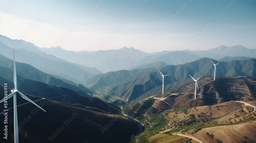 Power generating Windmills in Mountains. Green energy. Generative AI