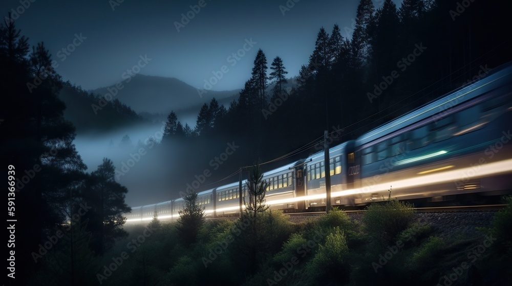 Speed passenger train moving in the night mountains covered with forest. Generative AI