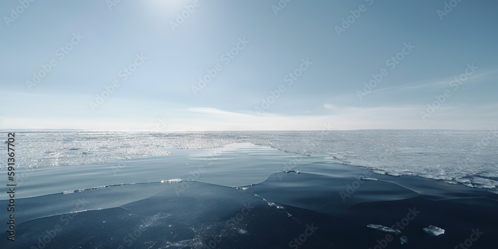 Winter sea landscape with floating ice fragments on still cold water. Generative AI