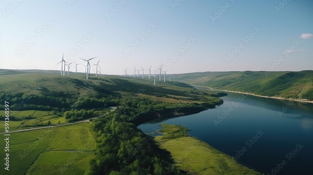 Wind turbines on landscape with green hills and river. Renewable energy concept. Generative AI