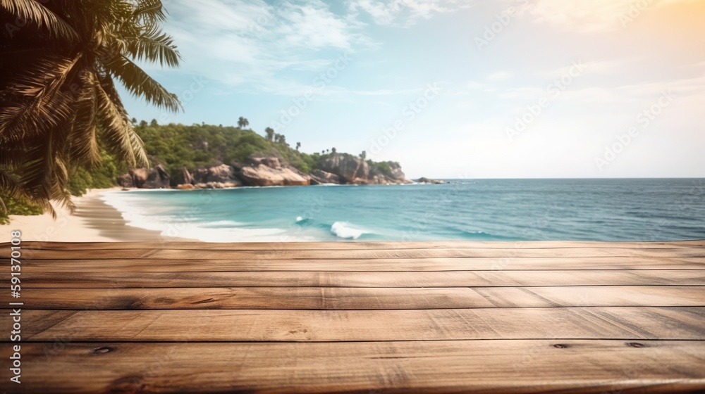 Wood table mockup with tropical paradise beach on background. Empty copy space for product presentat