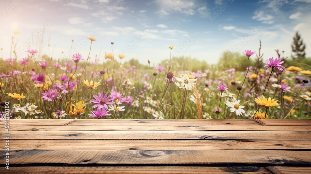 Wood table mockup with flowering spring meadow on background. Empty copy space for product presentat