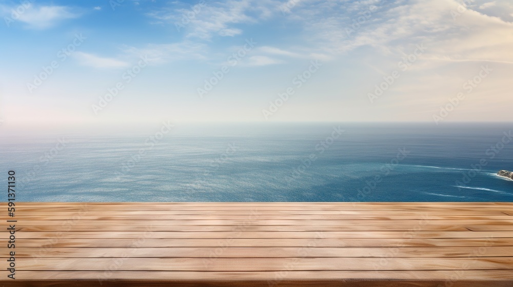 Wood table mockup with ocean waves on background. Empty copy space for product presentation. Generat