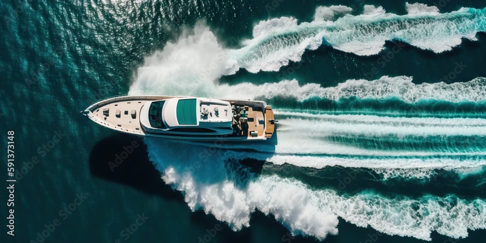 Top view on speed boat in paradise turquoise ocean water. Generative AI