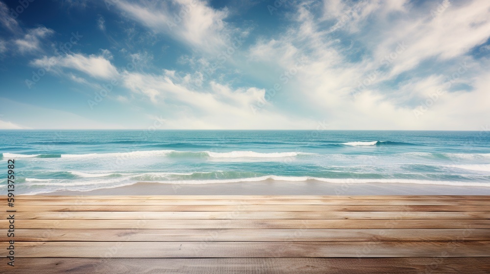 Wood table mockup with ocean waves on background. Empty copy space for product presentation. Generat