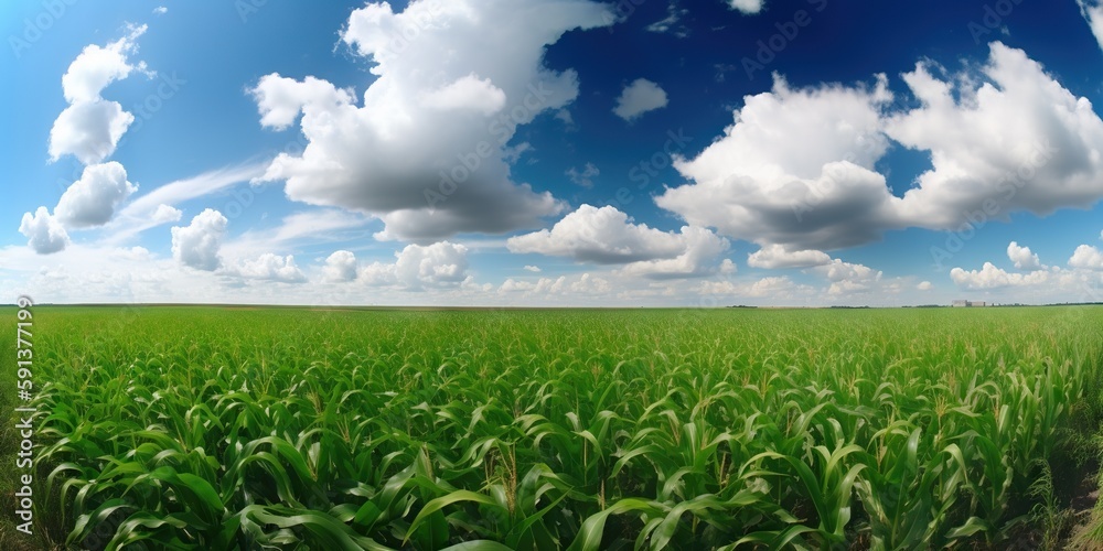 Agricultural corn field on sunny summer day. Generative AI