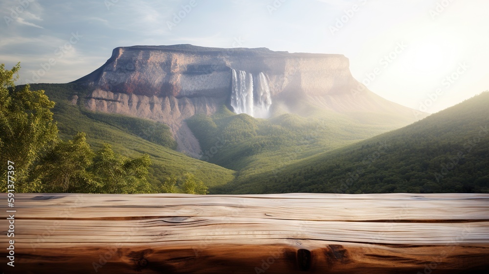 Wood table mockup with mountain waterfall on background. Empty copy space for product presentation. 