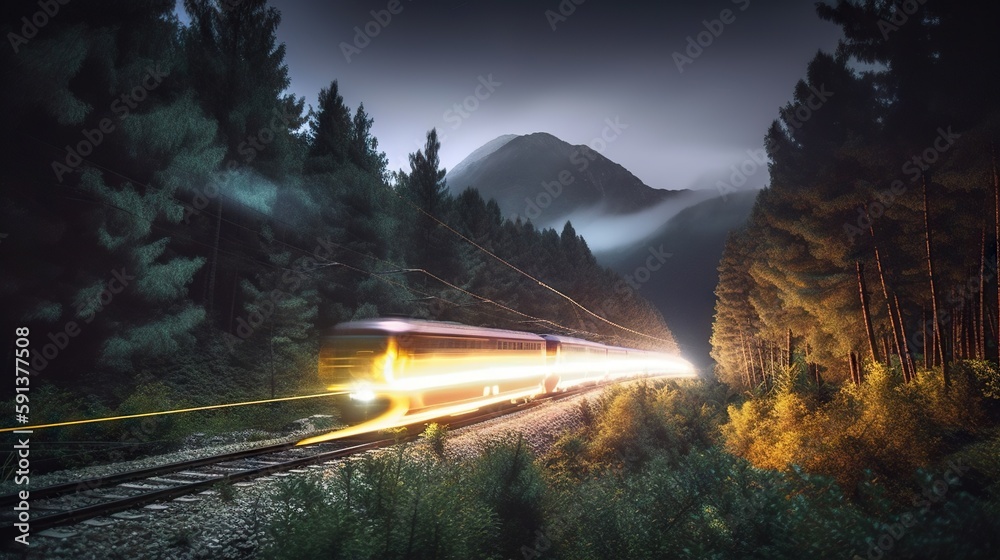 Speed passenger train moving in the night mountains covered with forest. Generative AI