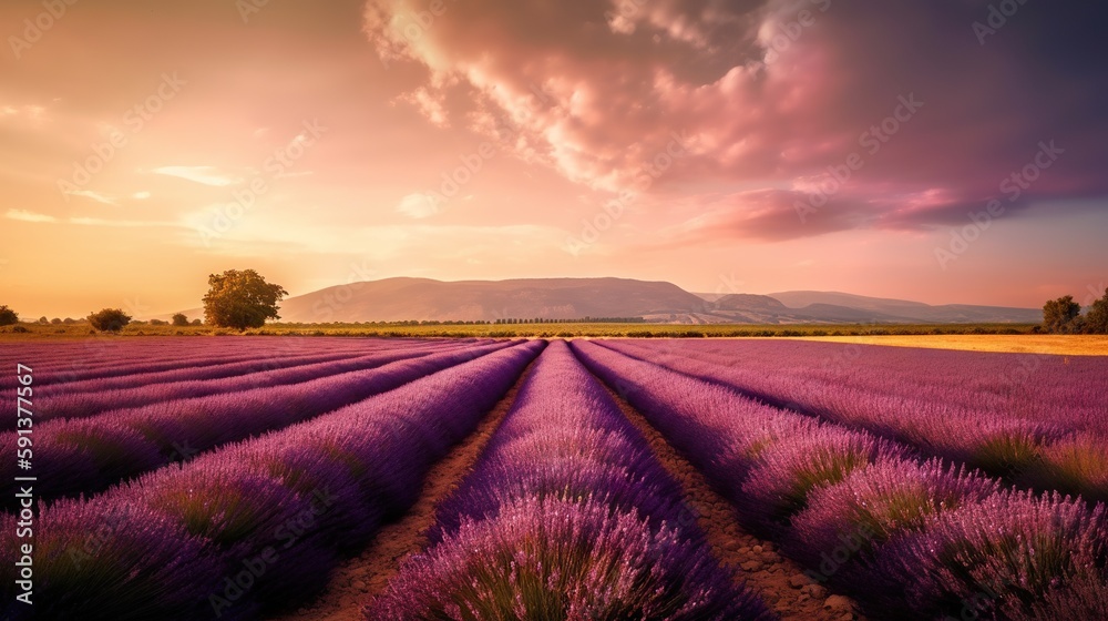 Stunning landscape with lavender field with stunning sunset on background. Generative AI