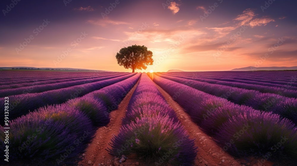 Stunning landscape with lavender field with stunning sunset on background. Generative AI