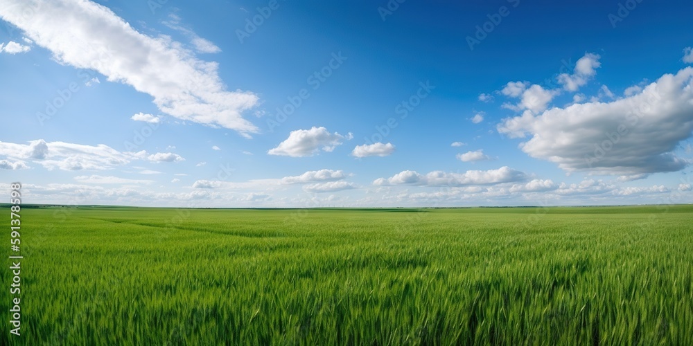 Empty green field and blue sky with rare clouds. Generative AI