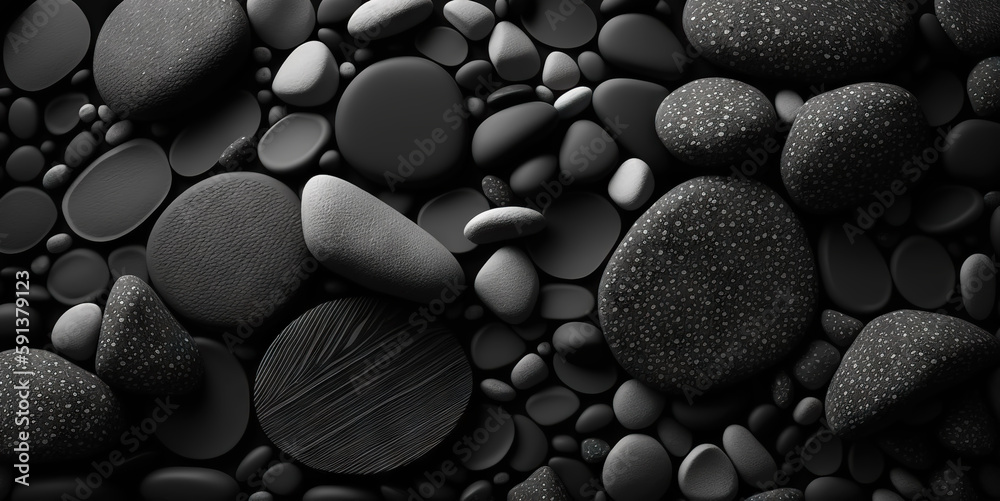 Black pebble stones texture. Dark natural rock backdrop. Generative AI