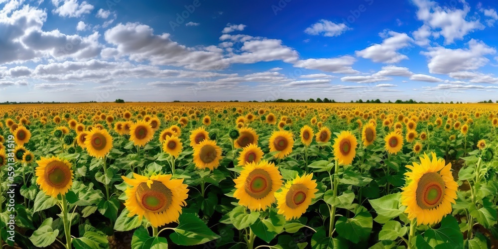 Panoramic field of sunflowers with blue sky on sunny day. Generative AI