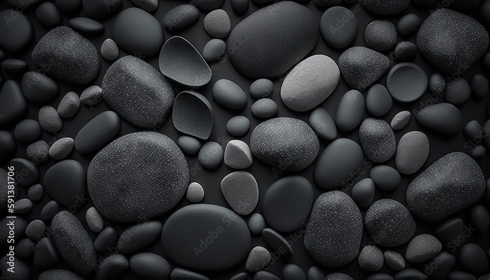 Black pebble stones texture. Dark natural rock backdrop. Generative AI