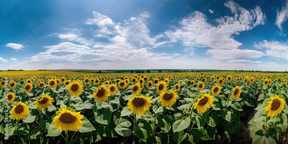 Panoramic field of sunflowers with blue sky on sunny day. Generative AI