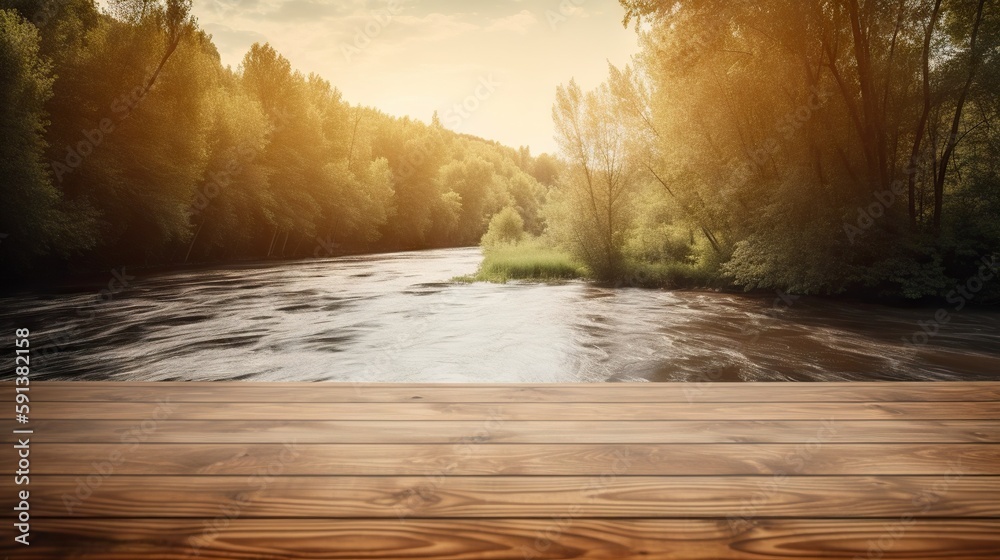 Wood table mockup with river in forest on background. Empty copy space for product presentation. Gen