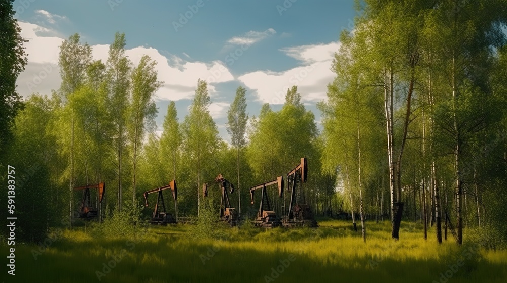 Oil rig in forest. Fir trees and oil pumps. Generative AI