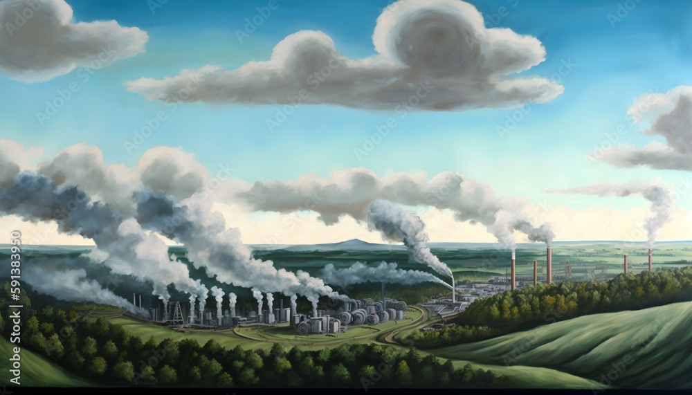 Landscape dominated by factories with billowing smoke. Negative impact of industrialization on air q