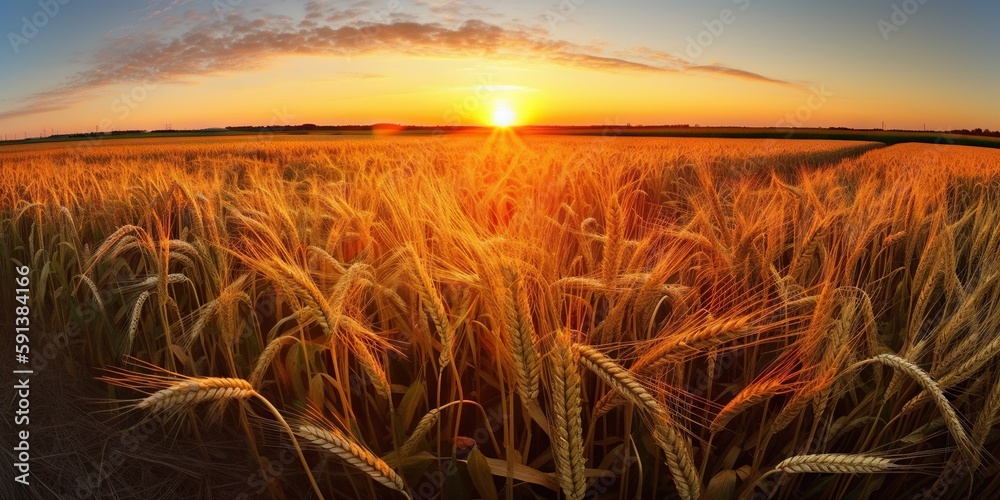 Panoramic view on field of golden ripe wheat on sunset. Generative AI