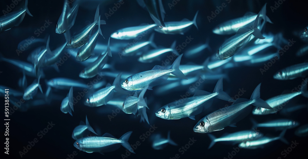 School of small silver fish underwater. Marine life. Generative AI