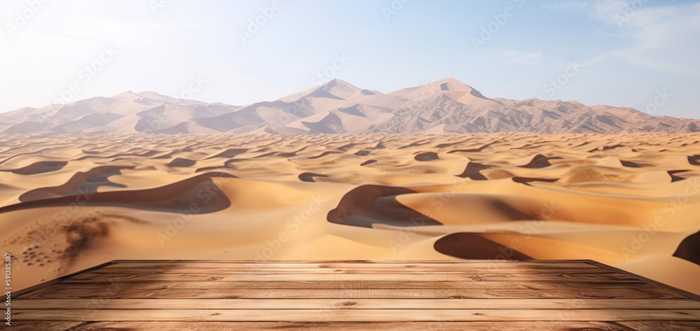 Wood table mockup with desert on background. Empty copy space for product presentation. Generative A