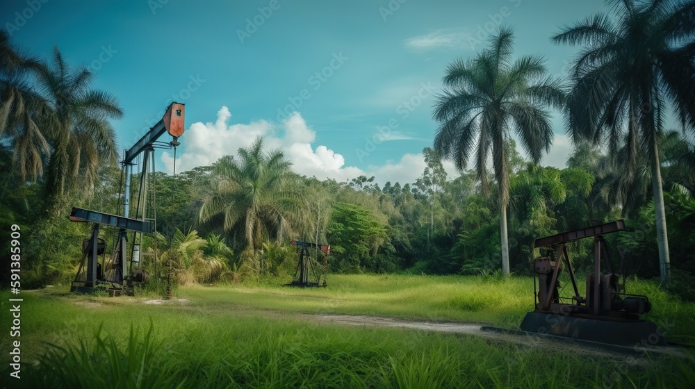 Oil rig in tropical forest. Palm trees and oil pumps. Generative AI