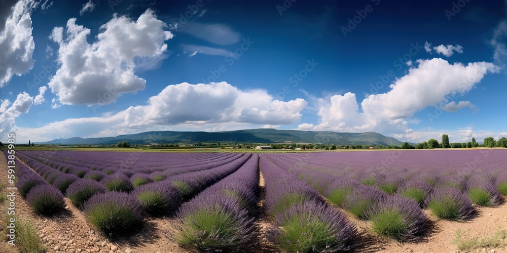 Stunning landscape with lavender field on sunny day. Generative AI