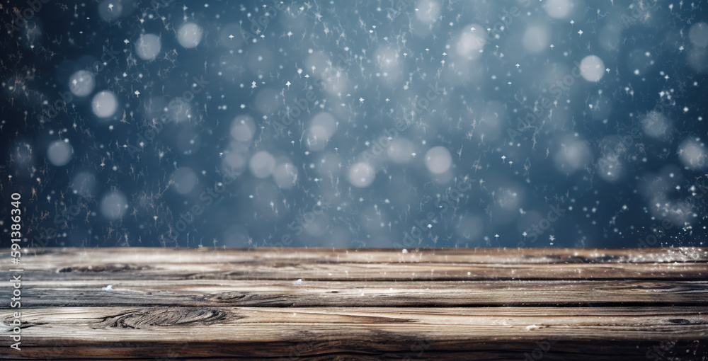 Wood table mockup with falling snow on background. Empty copy space for product presentation. Genera