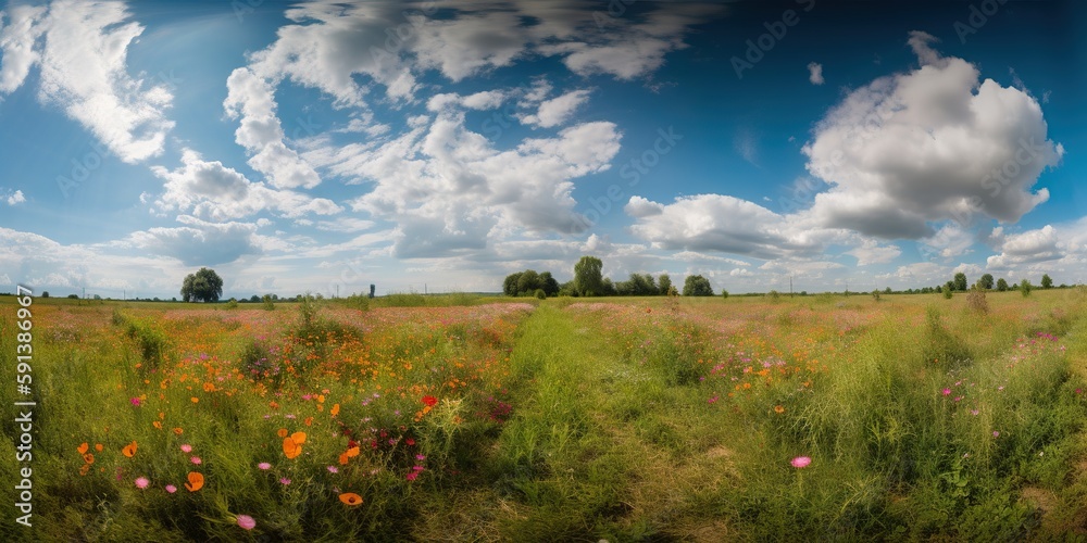 Spring flower field and blue sky with white clouds. Generative AI