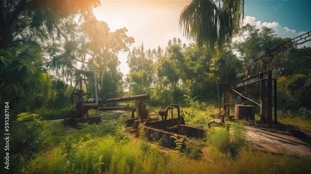 Oil rig in tropical forest. Palm trees and oil pumps. Generative AI