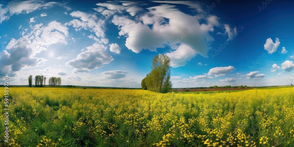 Spring flower field and blue sky with white clouds. Generative AI