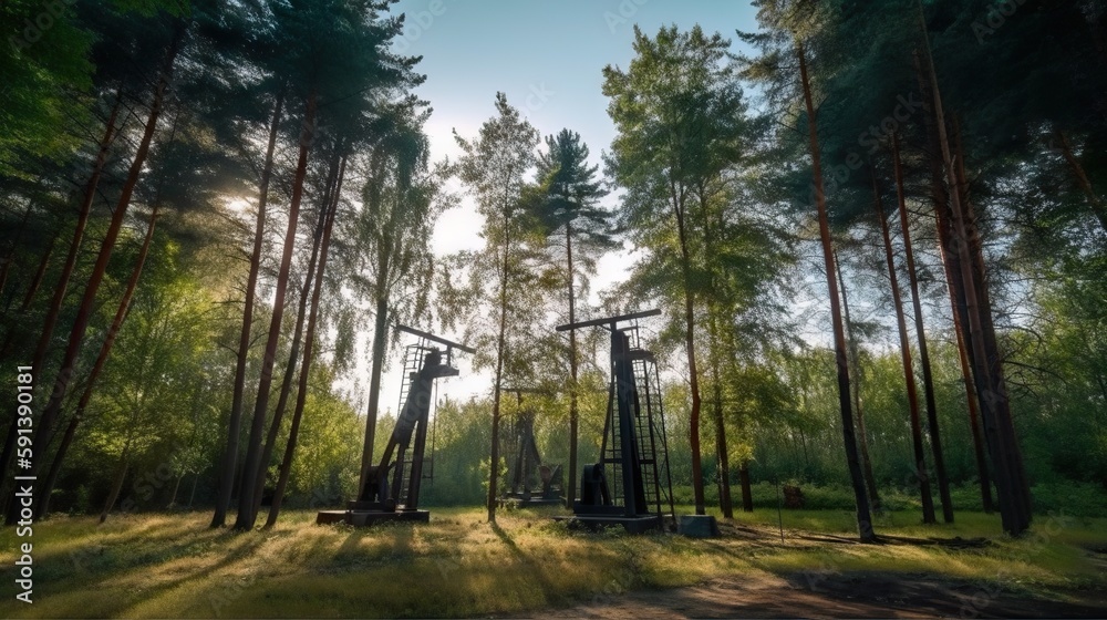 Oil rig in forest. Fir trees and oil pumps. Generative AI