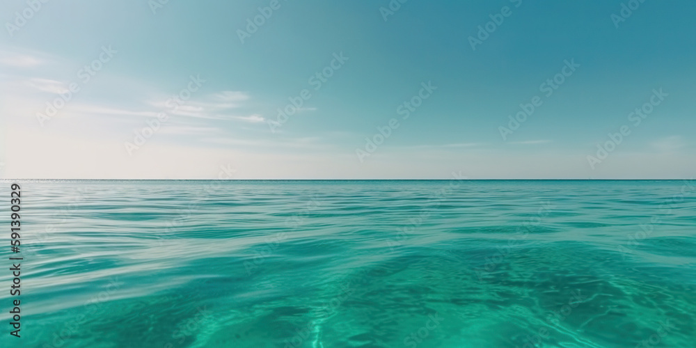 Panorama landscape of empty tropical turquoise sea and sky blue background. Generative AI