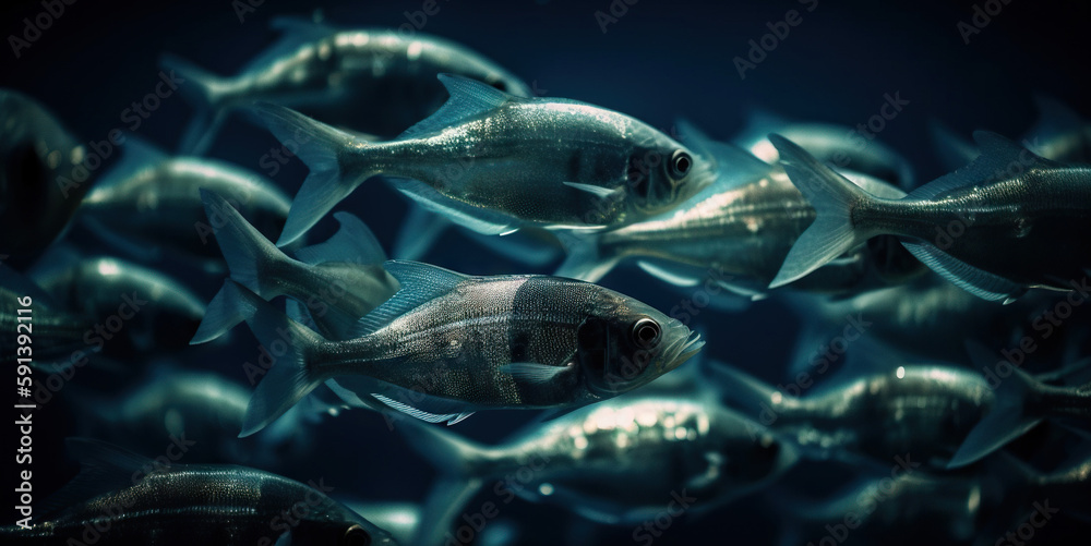 School of small silver fish underwater. Marine life. Generative AI