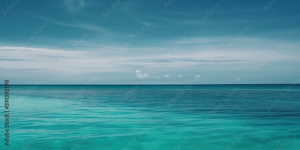 Panorama landscape of empty tropical turquoise sea and sky blue background. Generative AI