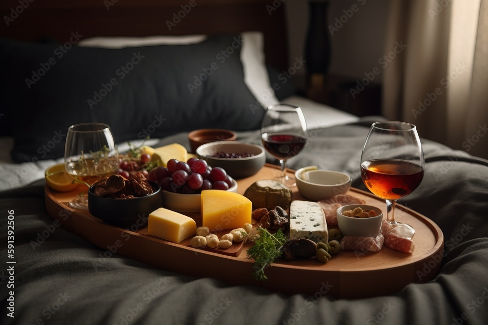  a tray of cheese, wine, and cheeses on a bed with a glass of wine and two glasses of wine on the si