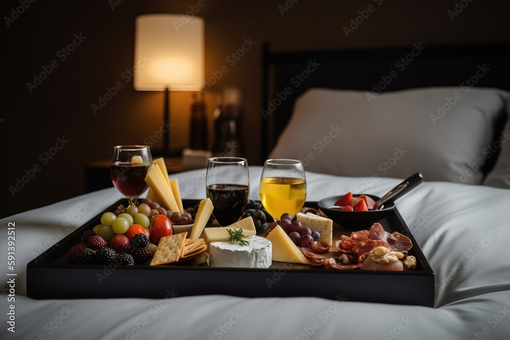  a tray of cheese, fruit, and wine on a bed with a lamp on the side of the bed and a tray of cheese 