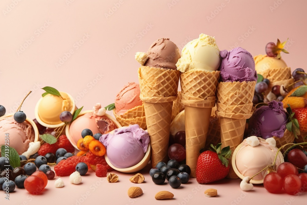  a group of ice cream cones sitting next to a pile of berries and other fruits on a pink background 