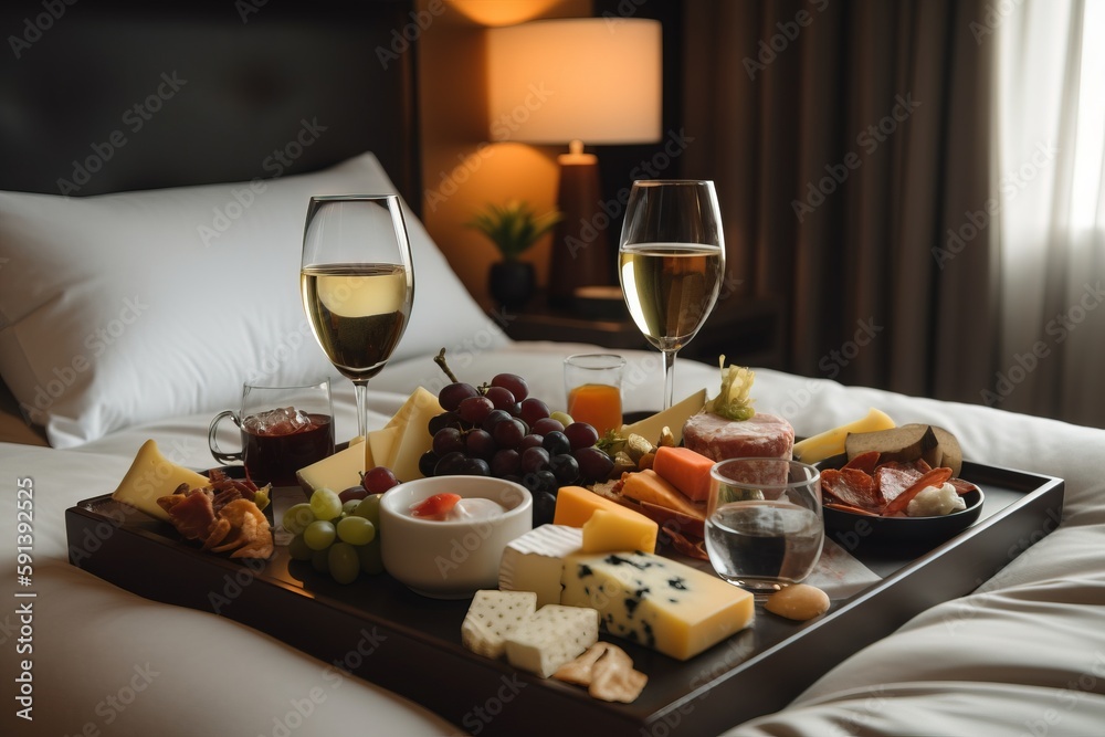  a tray of cheese, crackers, and wine on a bed with a glass of wine and two glasses of wine on the s