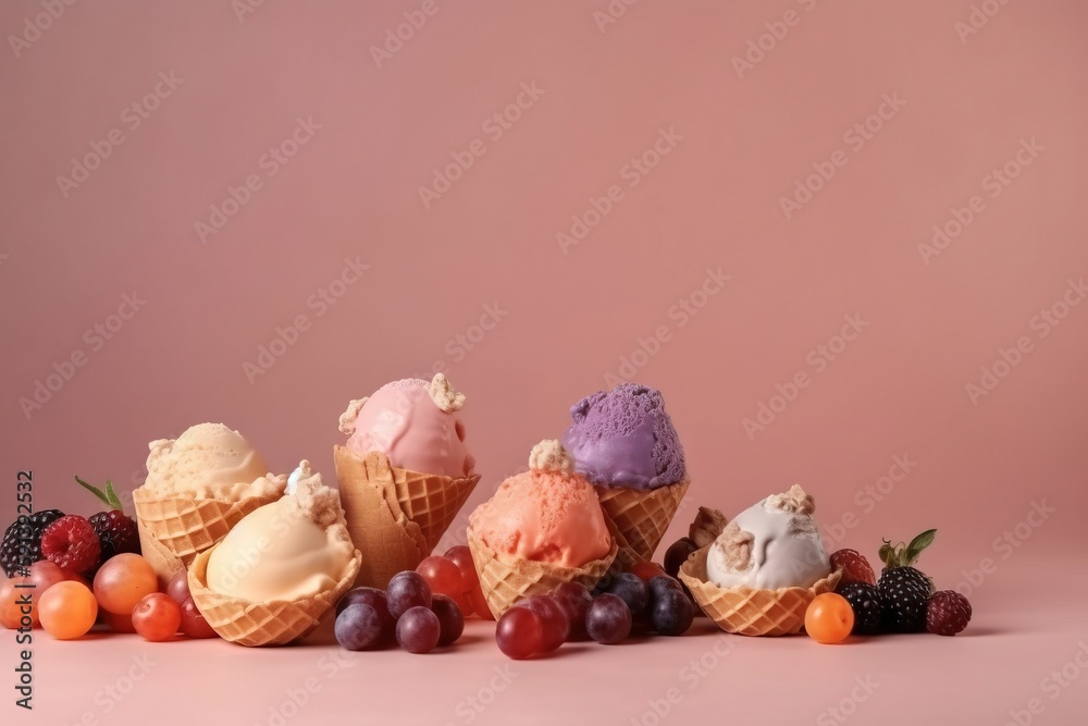  a group of ice cream cones sitting next to a pile of grapes and strawberries on a pink surface with