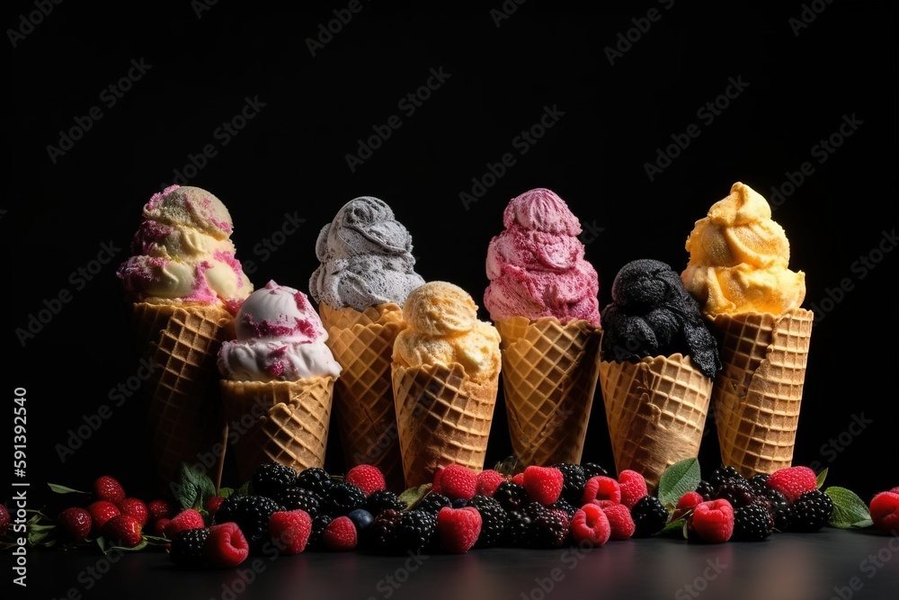  a row of ice cream cones with raspberries and blackberries on the side of the cones, all in differe