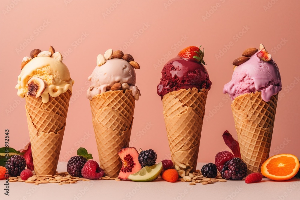  a row of ice cream cones filled with different flavors of ice cream and fruit on top of a pink back